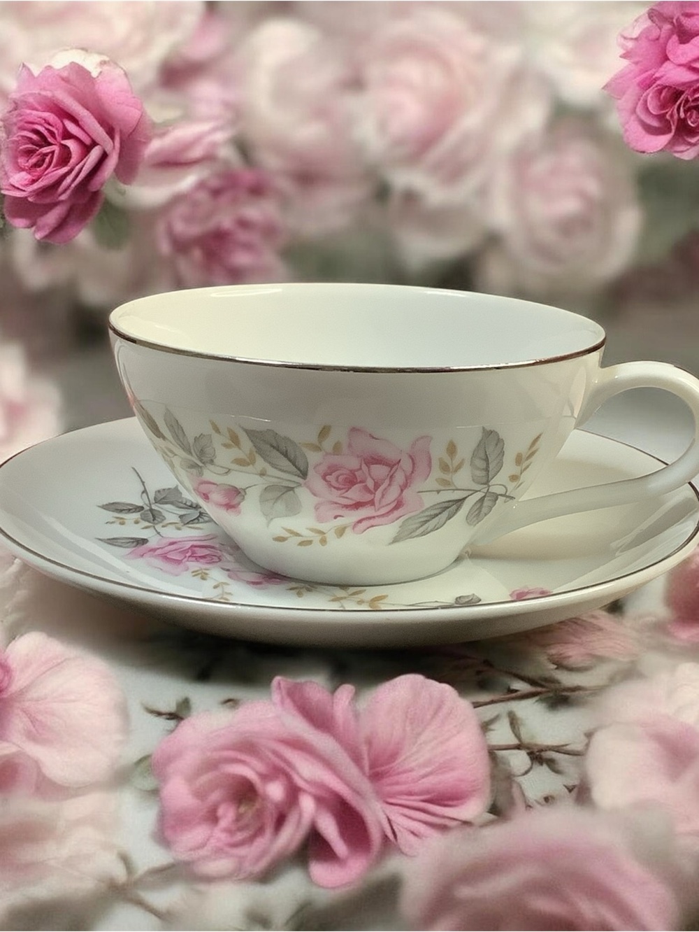 Classic Floral Porcelain Teacup and Saucer - Pink Rose